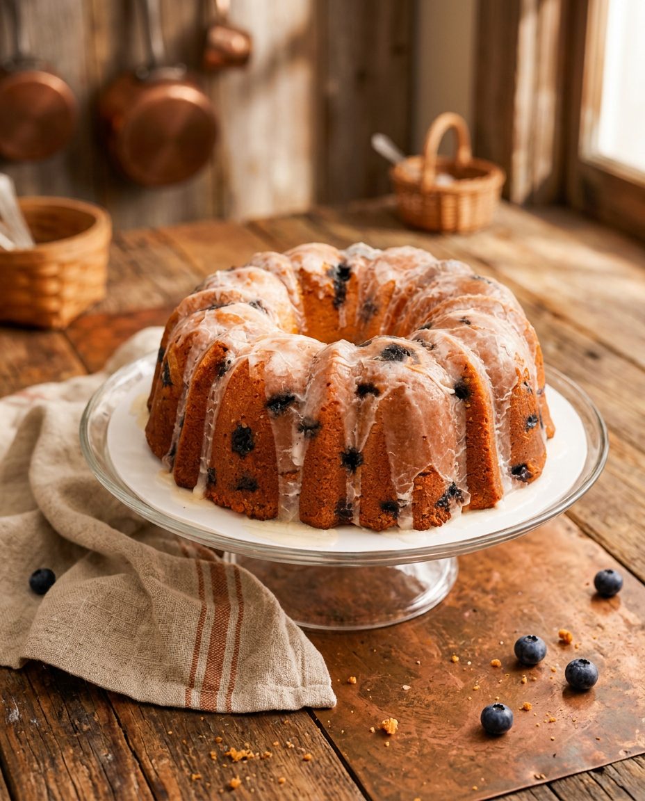 Blueberry poundcake with vanilla glaze on a glass stand on a rustic wooden table